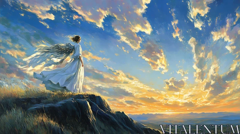 Serene Angel Overlooking Sunset Landscape AI Image