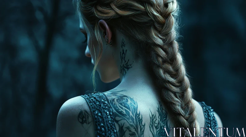 Tattooed Woman in Braided Hair - Dark and Mystical AI Image