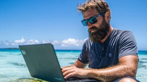 Man Working on Laptop by the Sea