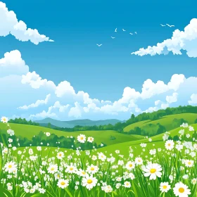 Green Hills and Daisy Field Scene