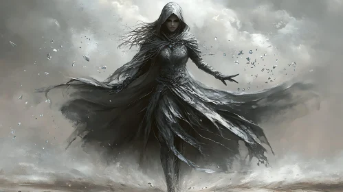 Hooded Woman in a Grey Storm