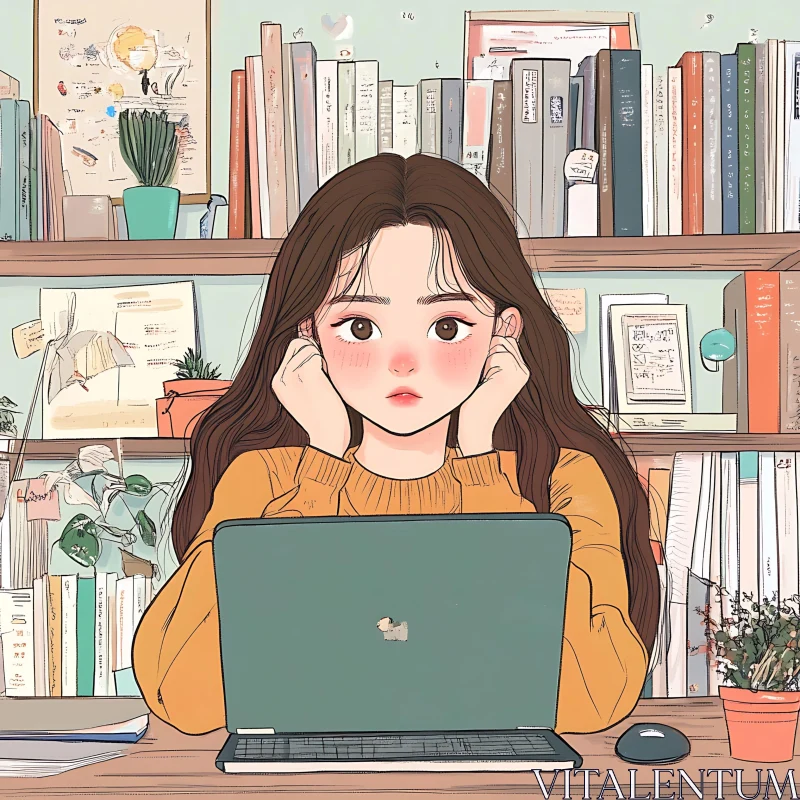 Girl with Laptop Surrounded by Books AI Image