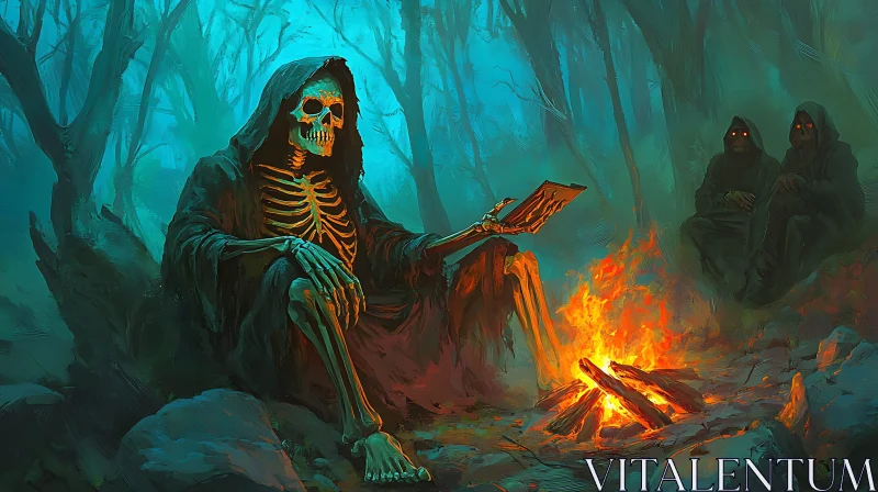 AI ART Hooded Skeleton Reading by Campfire