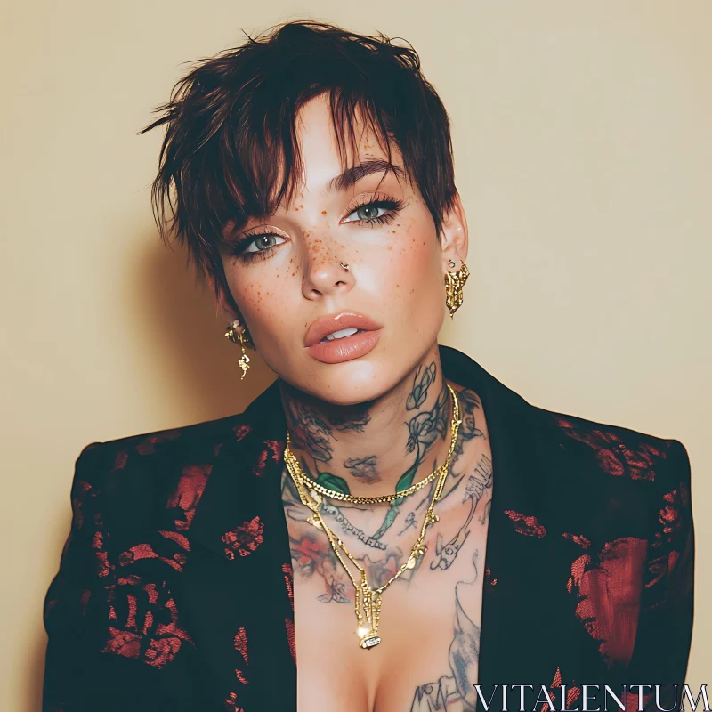 Stylish Woman with Tattoos and Gold Accessories AI Image