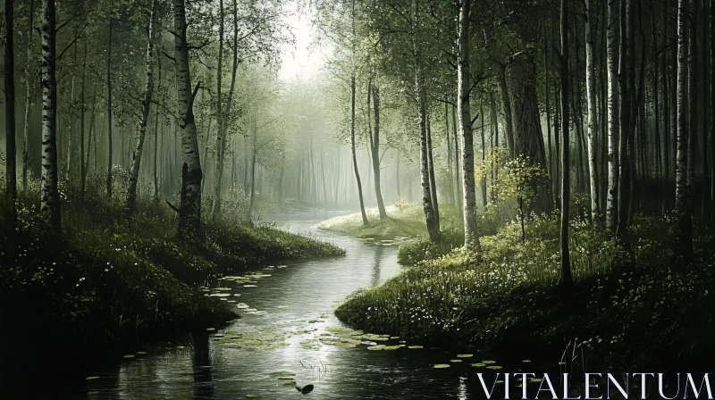 AI ART Peaceful Forest Stream with Sunlit Trees