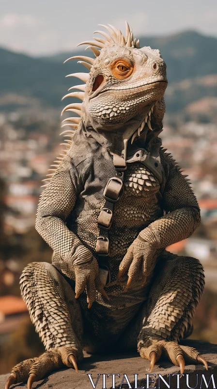 Captivating Iguana Portrait in Surreal Post-Apocalyptic City AI Image