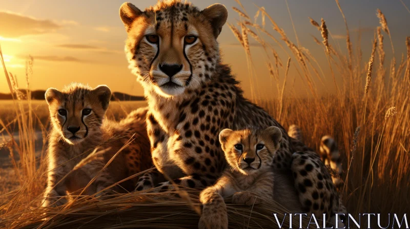 Cheetah and Cubs at Sunset: A Meticulous Representation in Art AI Image