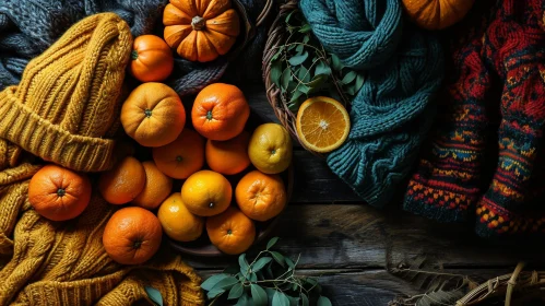 Cozy Still Life: Wooden Table with Sweaters, Basket, Pumpkin, and Oranges