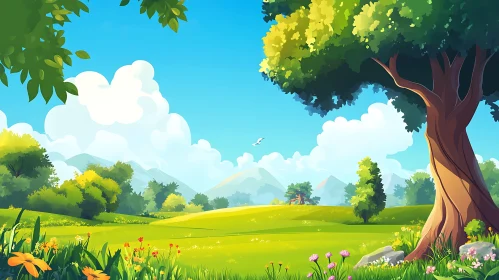 Green Field and Blue Sky Cartoon
