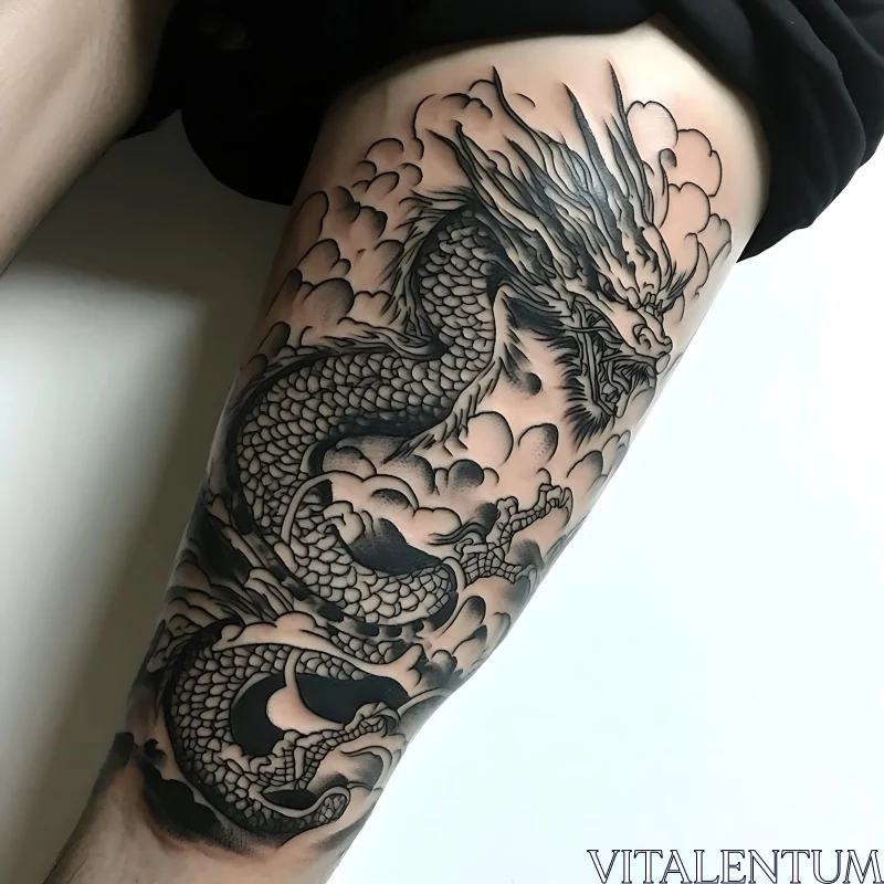 Intricate Black and Grey Dragon Tattoo AI Image