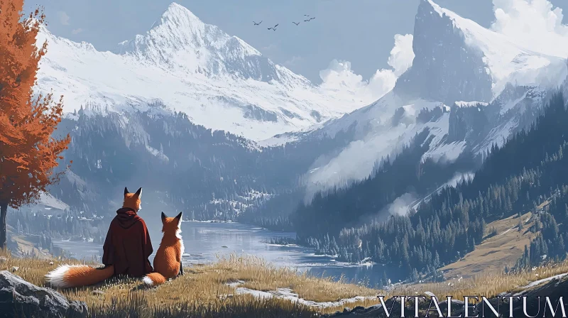 AI ART Foxes in Snowy Mountains