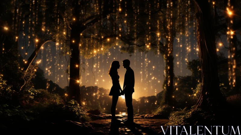 Romantic Couple in Forest at Night - Dreamlike and Golden AI Image