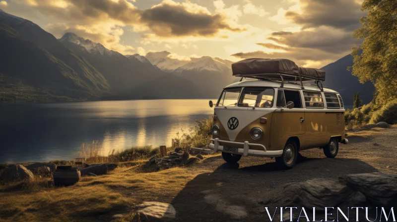 AI ART Vintage-inspired Bus Parked Near a Serene Lake | Golden Hues