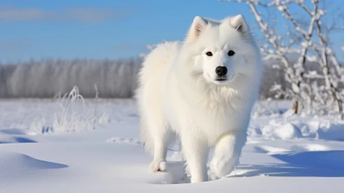 White Samoyed Puppy Walking in the Snow - A Serene Wildlife Scene
