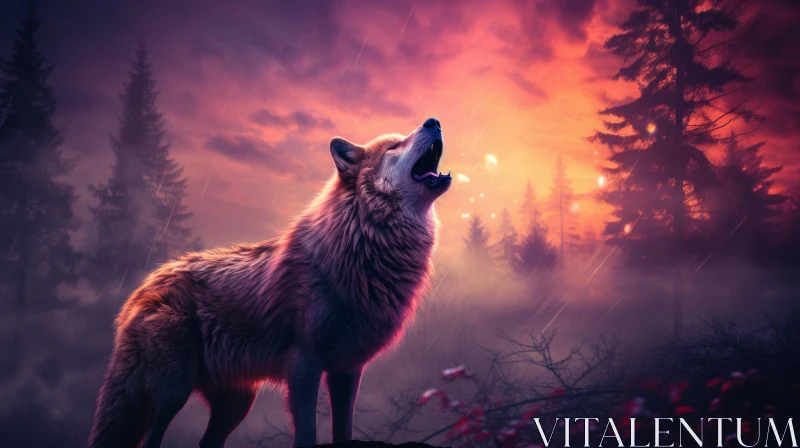 Wolf Howling in a Forest at Sunset - A Captivating Portrayal AI Image