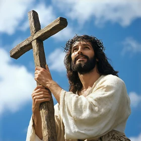 Religious Figure Holding Cross Skyward