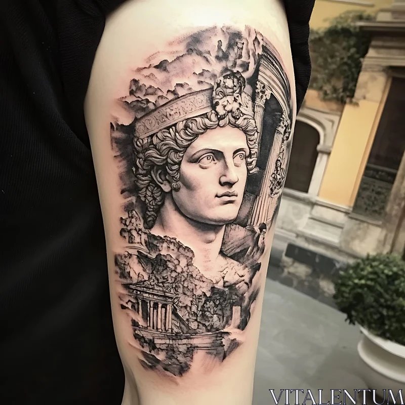 Detailed Black and Grey Roman Statue Tattoo AI Image