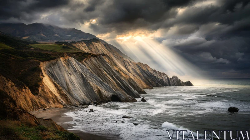 Sunlit Coastal Cliffs Against a Stormy Backdrop AI Image