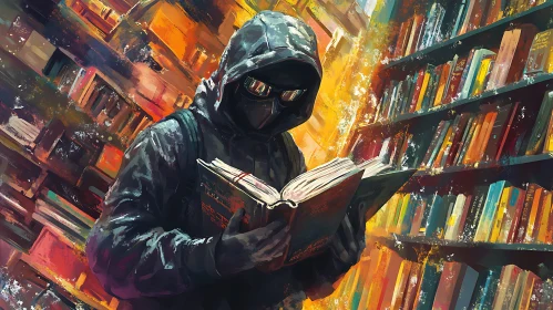 Hooded Reader in Abstract Bookcase