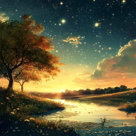 Starry Night Lake Sunset Landscape