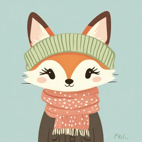 Fox Cartoon Character with Hat and Scarf