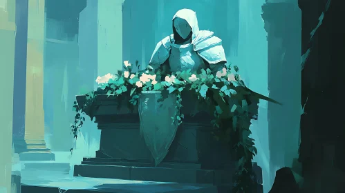 Hooded Knight Statue Flowers Teal Hues