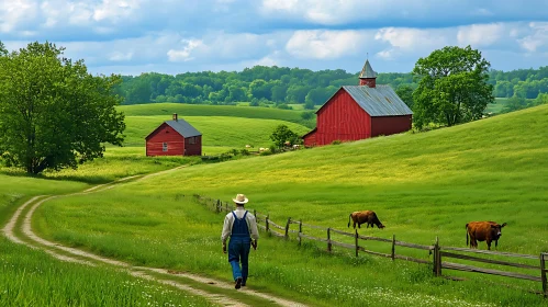 Farmer's Walk in Green Landscape