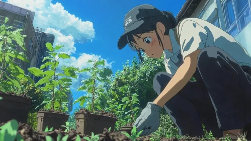 Young Woman Gardening Anime Style