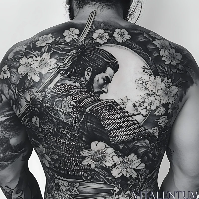 Detailed Black and White Samurai Tattoo AI Image