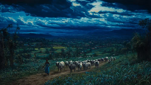 Rural Nocturne: Cattle Under Moonlight