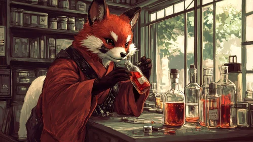 Fox Character Inspecting Red Liquid