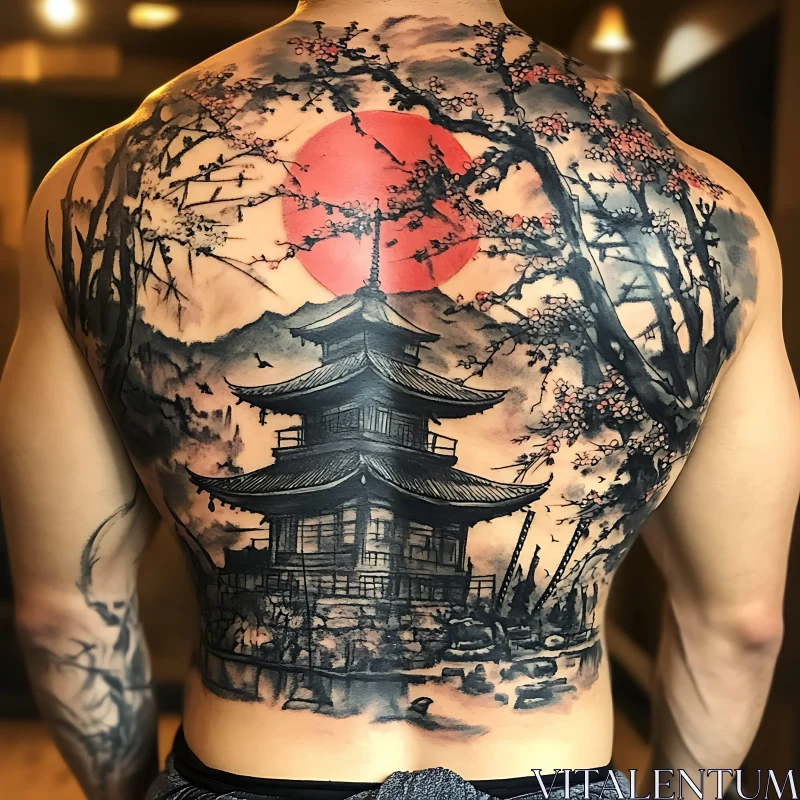 Traditional Japanese Tattoo on Back Featuring Pagoda and Nature AI Image