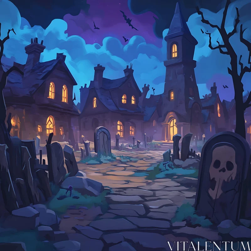 AI ART Nighttime Graveyard Scene