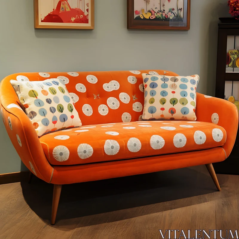 Retro Orange Sofa with Patterned Pillows AI Image