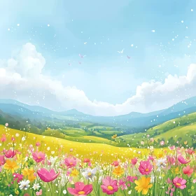 Watercolor Flower Field Landscape