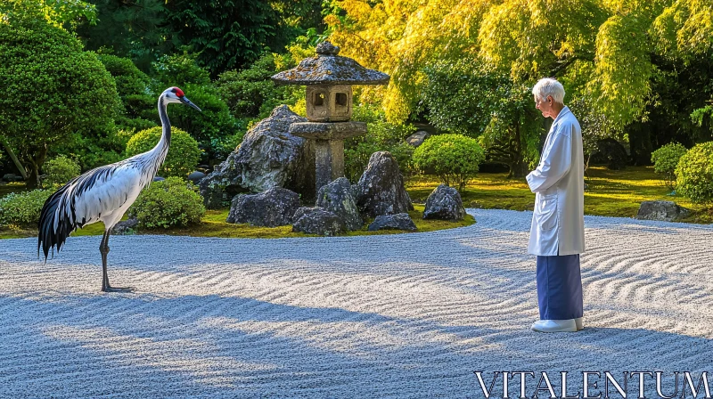 AI ART Crane and Person in Japanese Garden