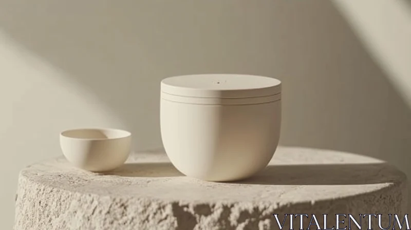 Beige Ceramic Bowls on Stone AI Image