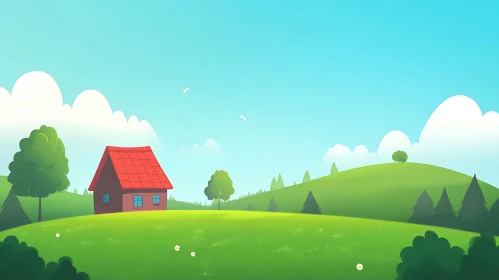 Idyllic Cartoon House in Green Landscape