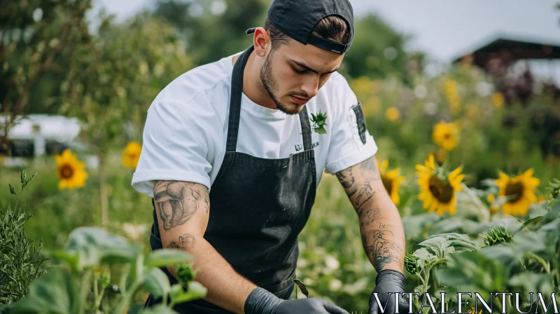 Man Gardening with Sunflowers AI Image