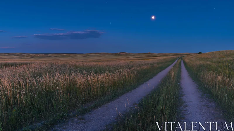 Moonlit Path Through Grassy Field AI Image