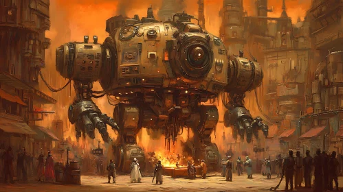 Giant Robot in Steampunk Metropolis