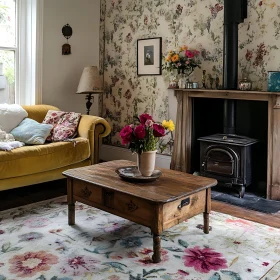 Cozy Interior with Flowers and Fireplace