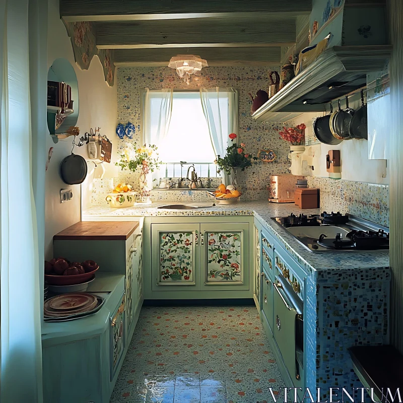 AI ART Vintage Kitchen with Floral Accents