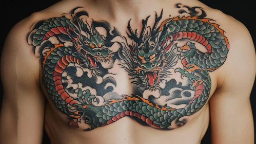 Intricate Chest Tattoo of Two Engaged Dragons