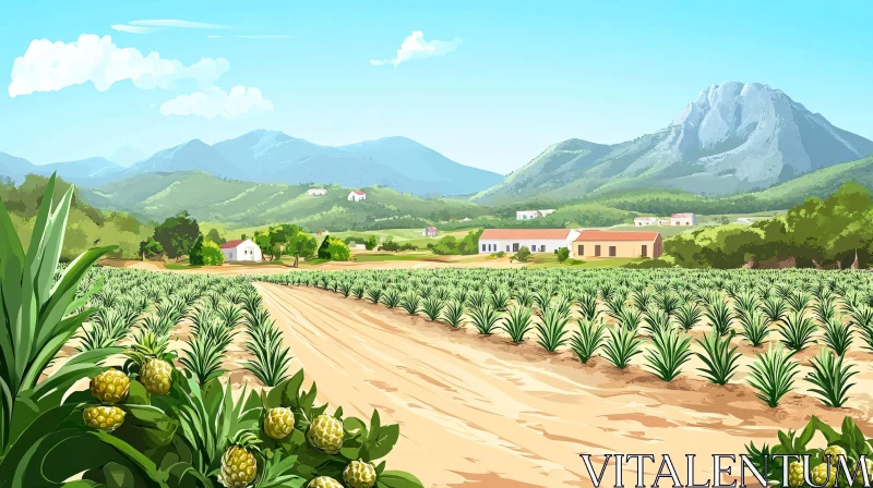 Lush Pineapple Field with Mountain Backdrop AI Image