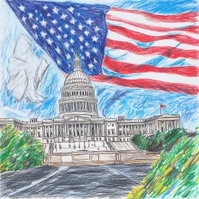 Patriotic Crayon Art of US Capitol and Flag