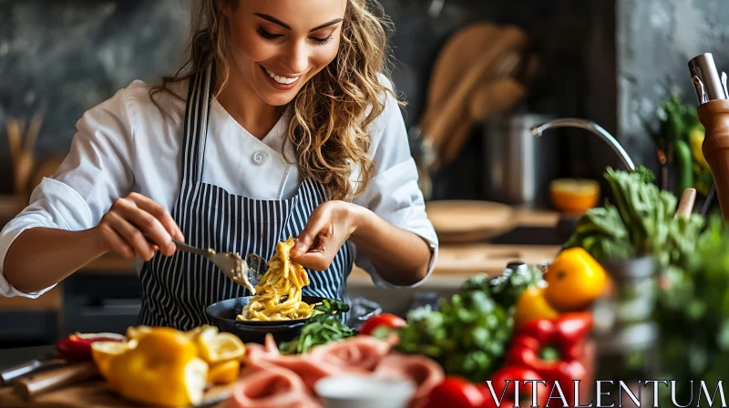 AI ART Chef Cooking Pasta Surrounded by Fresh Vegetables