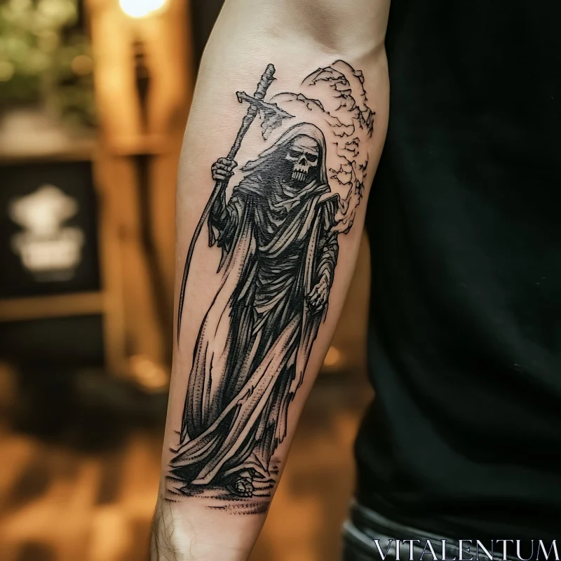 Detailed Grim Reaper Forearm Tattoo in Black Ink AI Image