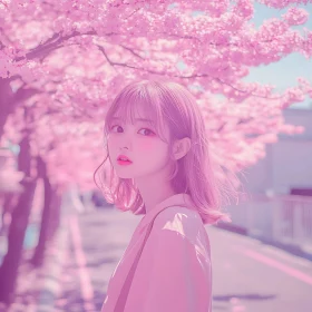 Pink Haired Girl Under Cherry Blossoms