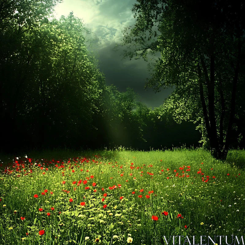 Sunlit Meadow with Red Poppies AI Image